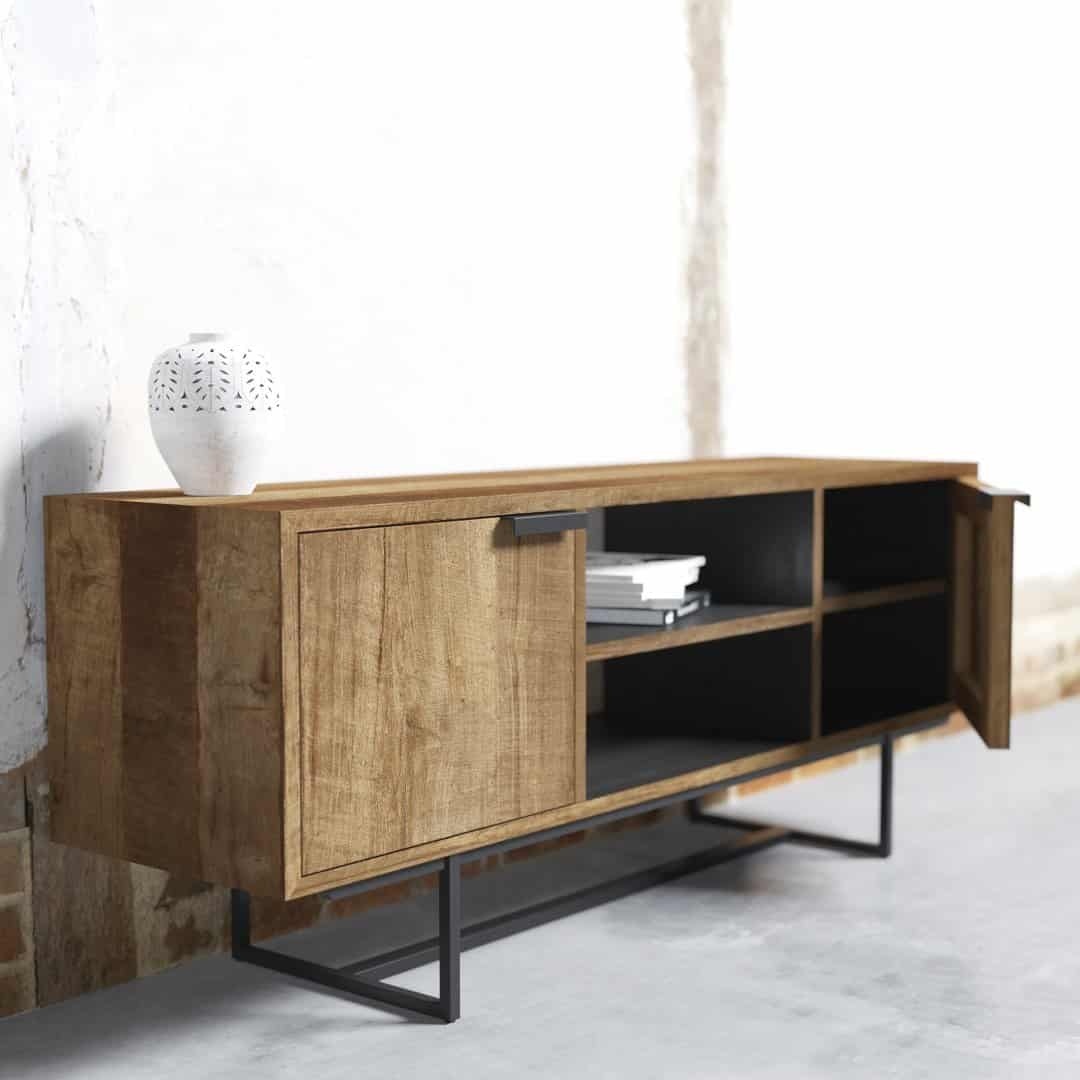 ADDITIONAL (3) PARISIAN FACTORY 2 SHELF CONSOLE - ODE-2019-003 Rev 02 ( TV Meubel Odeon II 150 cm ) doof A wooden sideboard with a light brown finish, open shelves, and two closed cabinets. A white decorative vase sits on top.