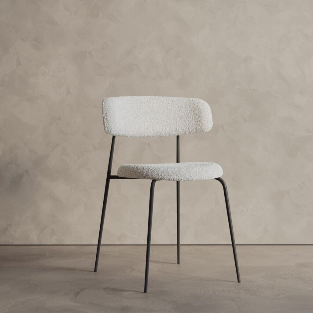 1-Alto-MetalMAIN-1024×1024 The Castello Dining Table - Natural features a sleek wooden surface and sturdy legs, positioned against a beige textured wall.