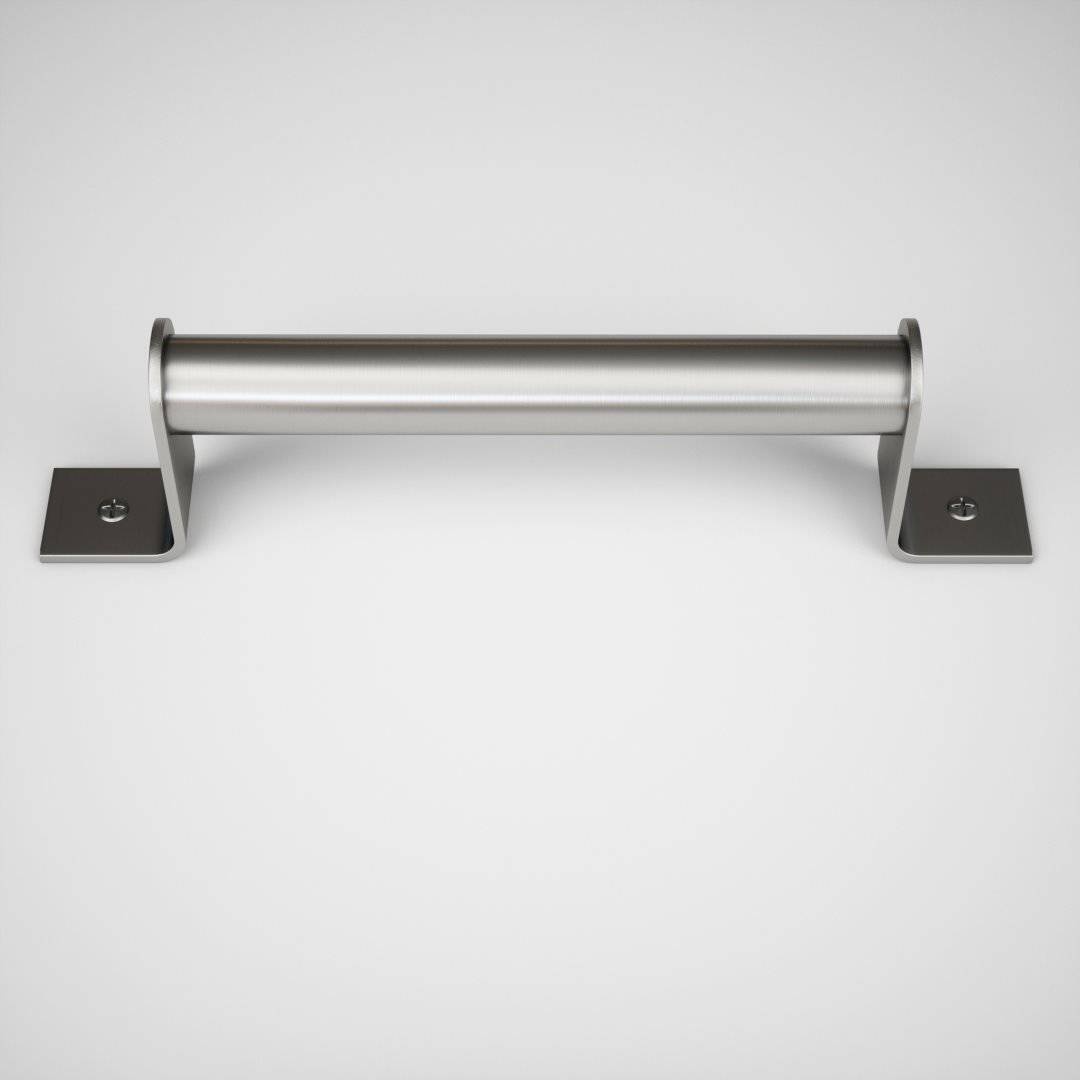 14 th street silver A wall-mounted, cylindrical metal handrail with two rectangular brackets on each end against a plain background.