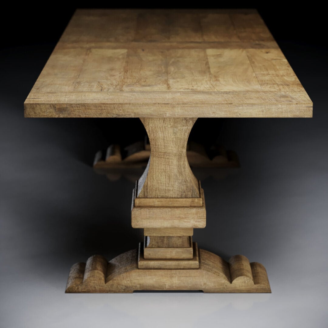 CASTELLO NATURAL- ADDITIONAL 1 The Castello Dining Table - Natural features a thick rectangular wooden top and a sturdy, sculpted pedestal base, shown from the narrow end against a neutral background.
