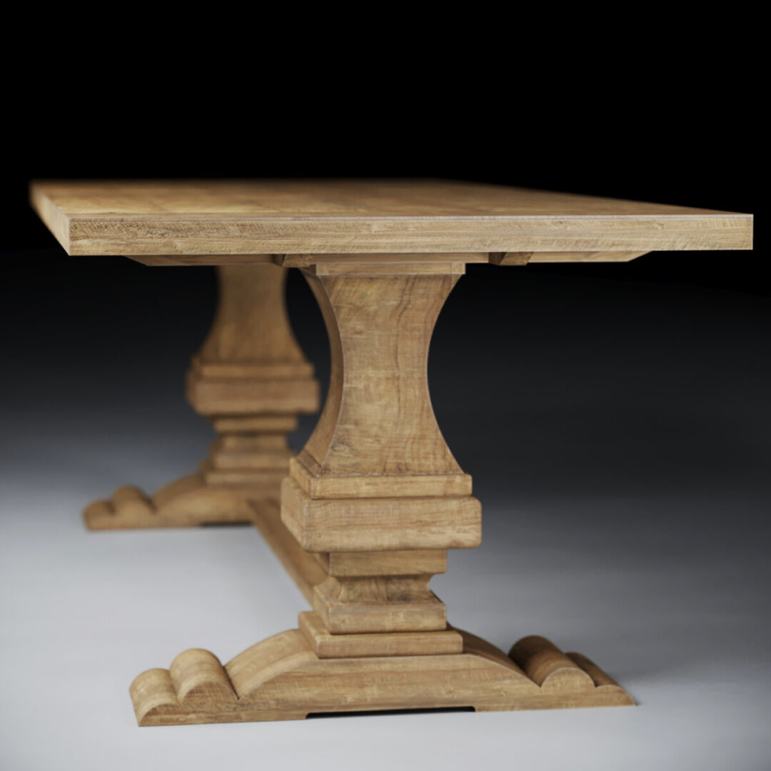 The Castello Dining Table - Natural features a thick wooden rectangular top and two ornate pedestal bases, shown on a light surface against a black background.