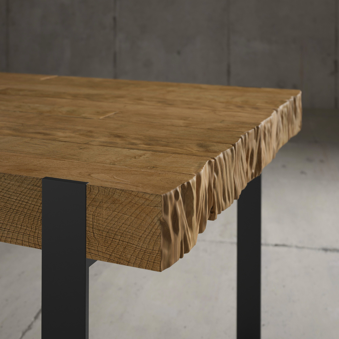HUDSON DINING TABLE - 4 Close-up of the Hudson Dining Table featuring a natural, rugged wooden edge and modern black metal legs, set against a plain gray background.