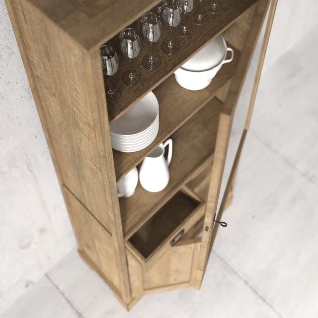 Urban Woodcraft 36 Riverbend Display Consol - Natural (4) A top-down view of the open Riverbend 36" Display Cabinet showcases glassware on the top shelf, plates and pitchers on the middle shelf, and an empty bottom shelf with its door ajar.
