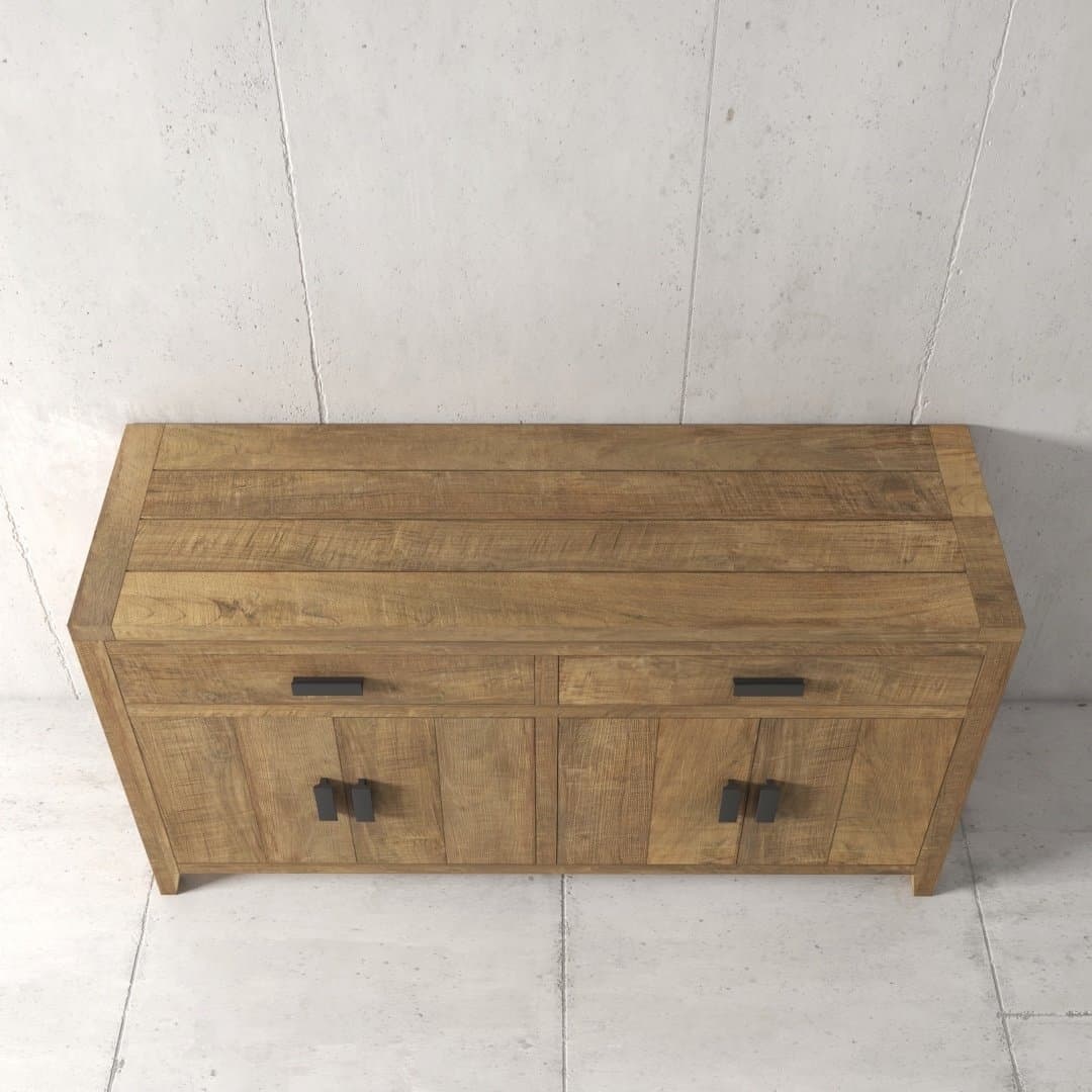Urban Woodcraft 60 Brookside Dining Buffet (3) The Brookside Dining Buffet, a wooden sideboard with a natural finish, features two drawers and two cabinet doors adorned with black metal handles, set against a plain, textured wall and floor.
