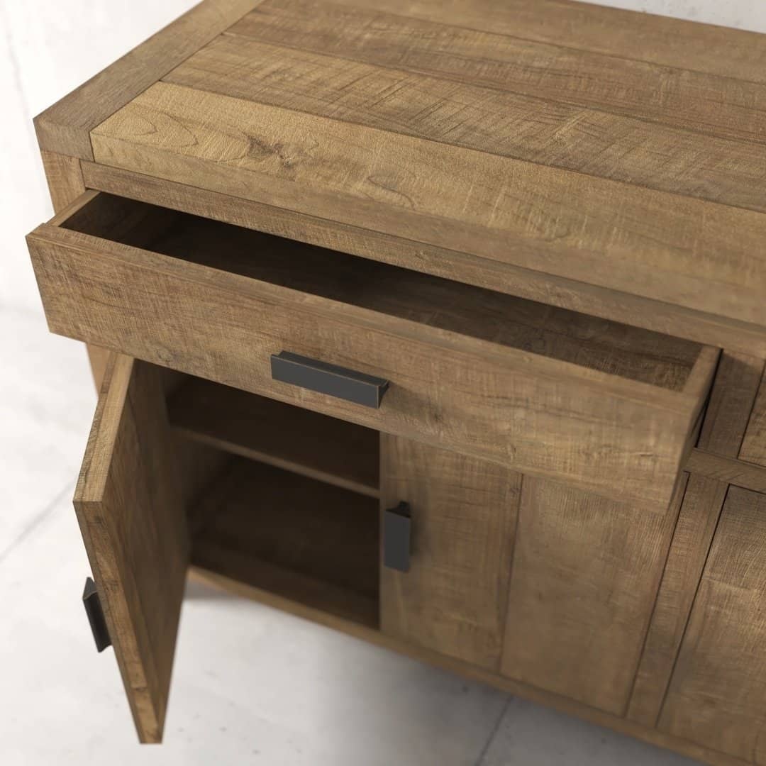 Urban Woodcraft 60 Brookside Dining Buffet (4) The Brookside Dining Buffet features a wooden cabinet design with a single open drawer and an open lower door, revealing interior storage compartments.
