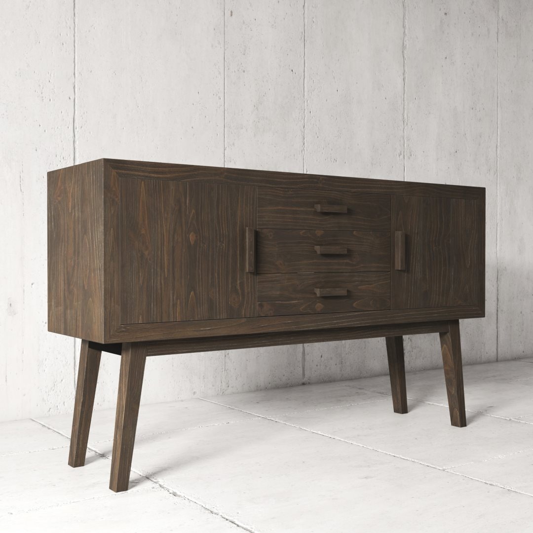 Urban Woodcraft 60 Circa Dining Buffet - Salvaged Espresso (2) The Circa Dining Buffet, a dark wooden sideboard featuring two cabinets and three central drawers, stands on angled legs against a concrete wall.