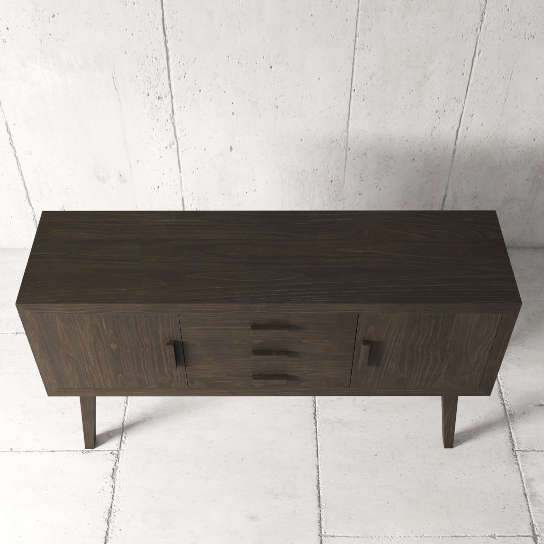 Urban Woodcraft 60 Circa Dining Buffet - Salvaged Espresso (3) The Circa Dining Buffet, featuring a dark wood finish with two doors and three central drawers, is set against a light concrete wall and floor.