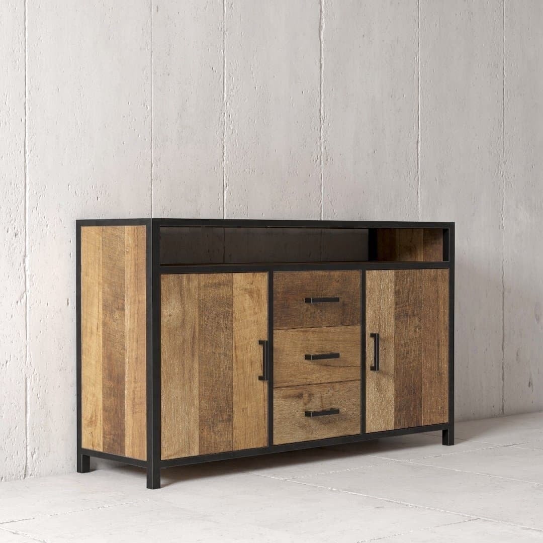 Urban Woodcraft 60 Opus Dining Buffet - MultiColoured Teak (4) The Opus Dining Buffet, featuring a wooden design and black metal frame, stands against a white concrete wall. It boasts two cabinets with doors, three central drawers, and an open shelf on top.