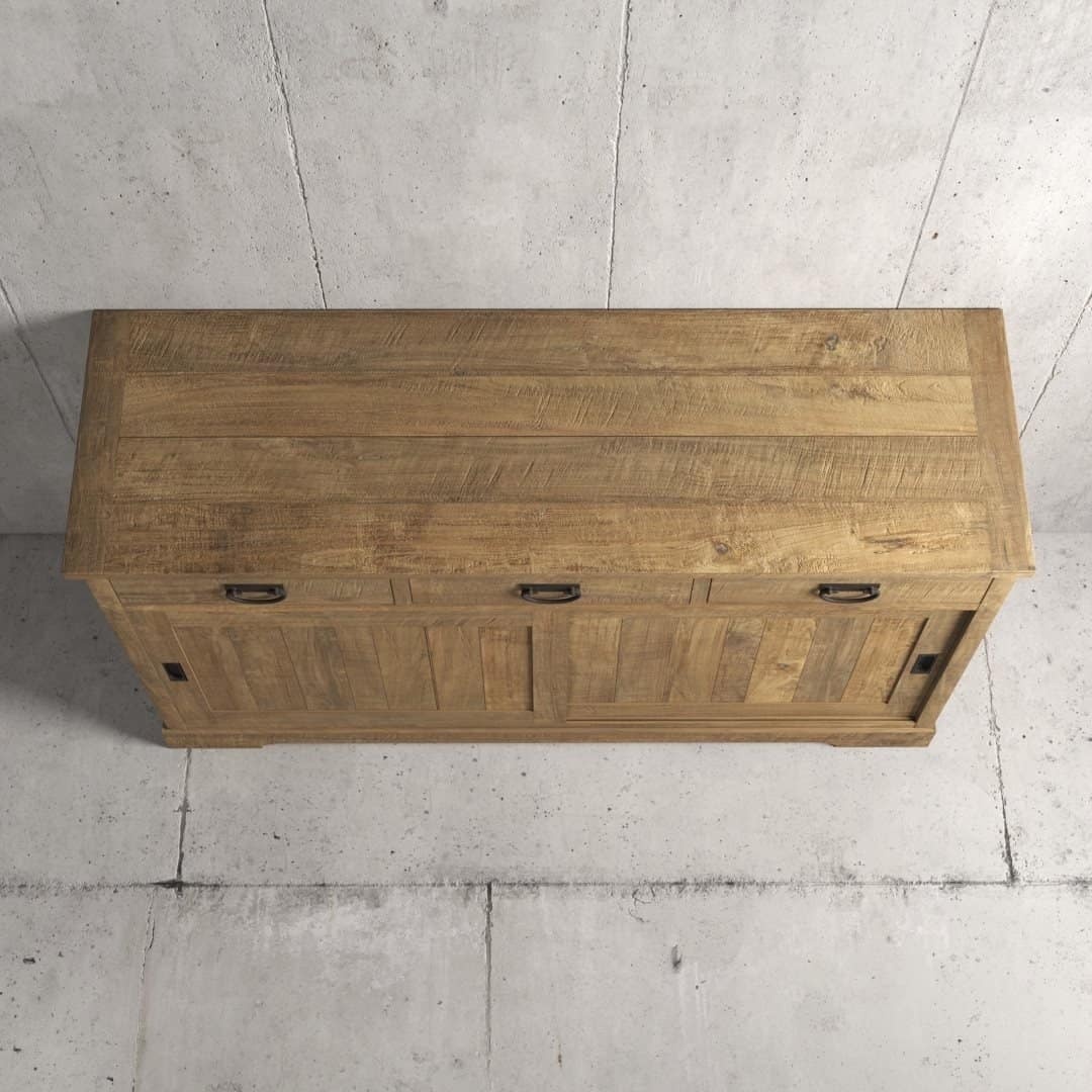 Urban Woodcraft 65 Riverbend Dining Buffet - Natural (2) The Riverbend Sliding Door Dining Buffet, featuring three drawers and two sliding doors, is set against a minimalist concrete wall backdrop.