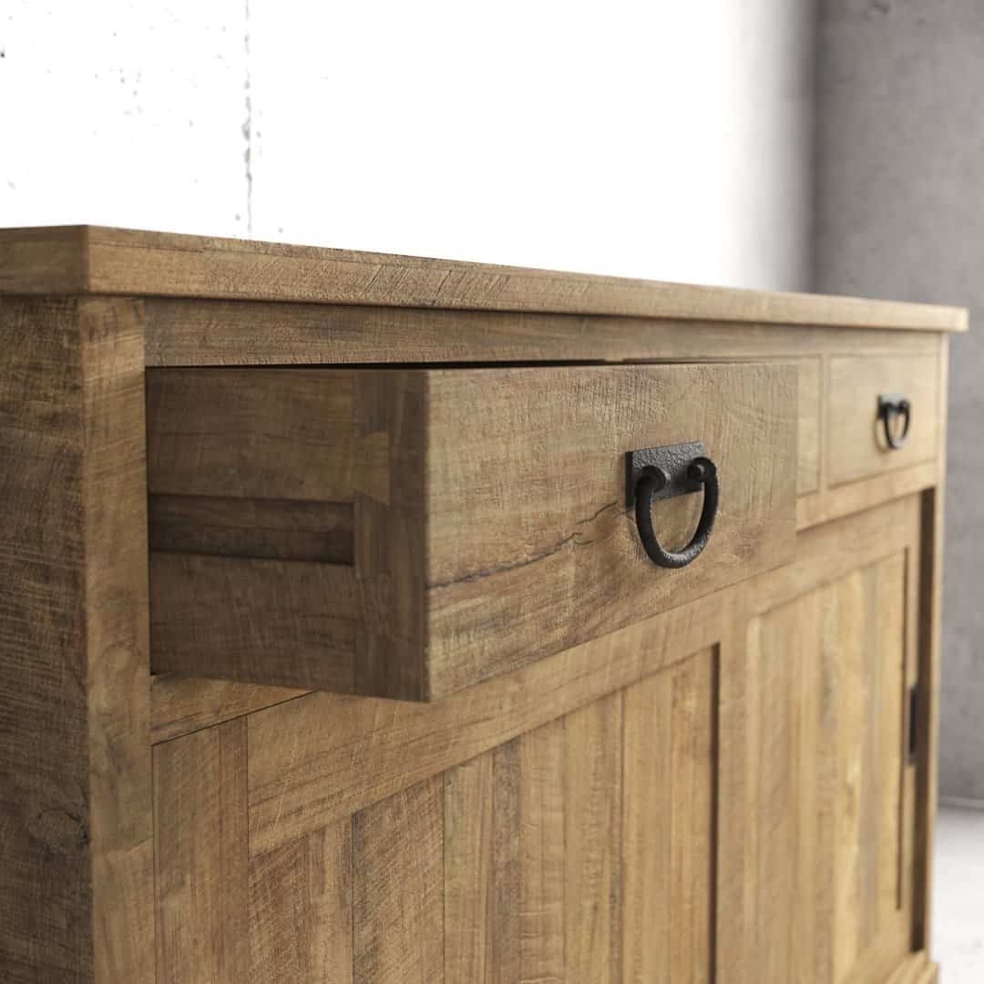 Urban Woodcraft 65 Riverbend Dining Buffet - Natural (5) The Riverbend Sliding Door Dining Buffet, featuring black metal handles and an open drawer, is placed against a white wall.