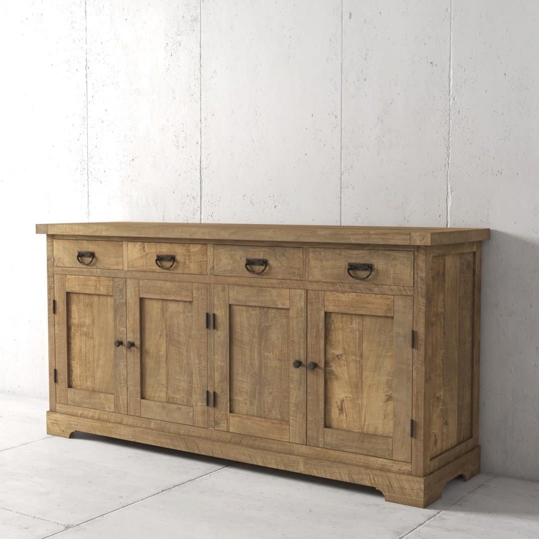 Urban Woodcraft 70 Riverbend Dining Buffet - Natural (2) The Riverbend Dining Buffet stands against a white wall, featuring a rustic finish and made of wood. It is equipped with four drawers on the top and four cabinet doors below, each adorned with metal handles.