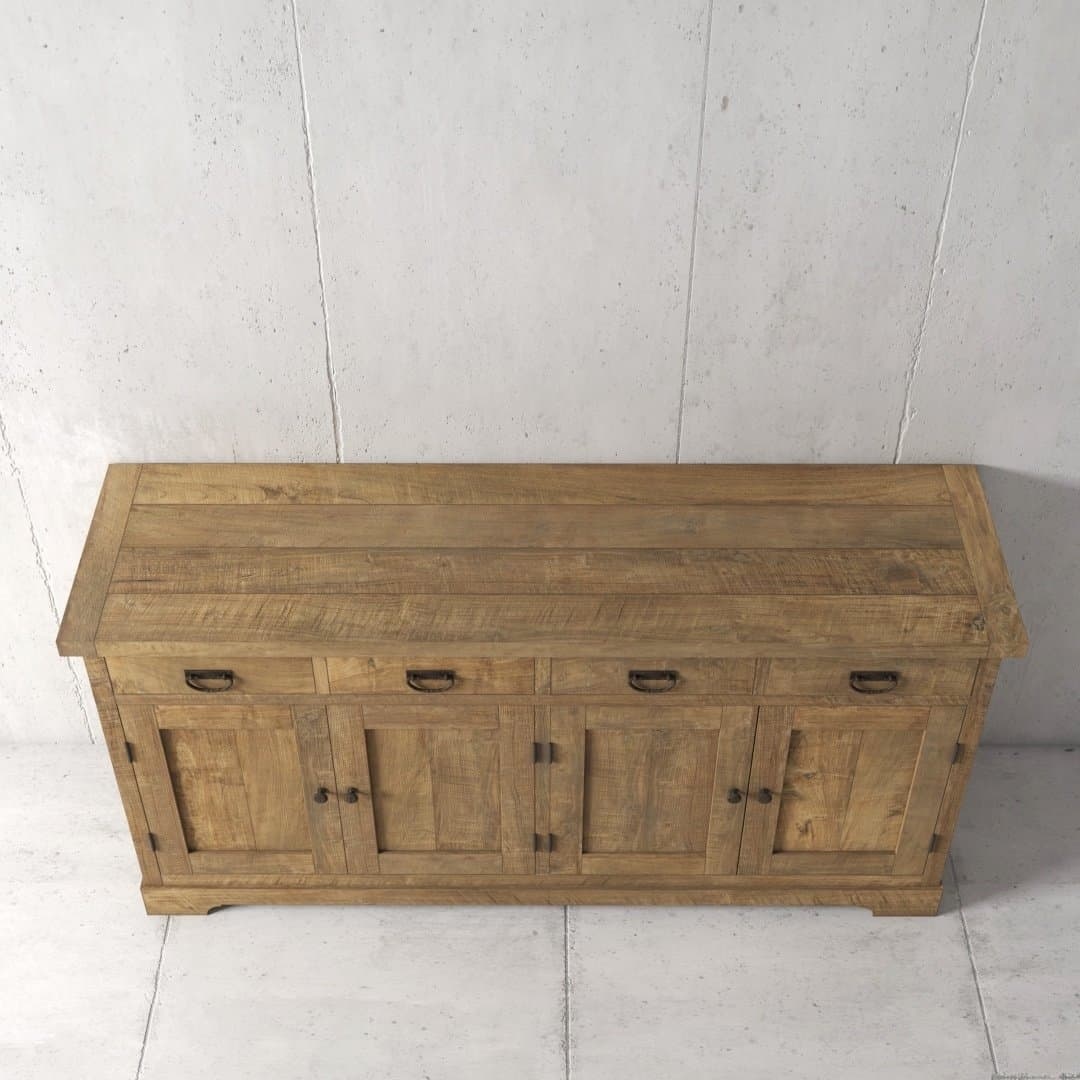 Urban Woodcraft 70 Riverbend Dining Buffet - Natural (3) The Riverbend Dining Buffet with its rustic finish, featuring four doors and four drawers, is placed against a plain concrete wall.