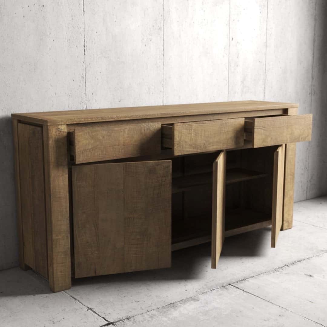 Urban Woodcraft 75 Teca Dining Buffet - Natural (6) A Teca Dining Buffet with a light brown finish, featuring two open drawers and two open cabinet doors, against a plain concrete wall.
