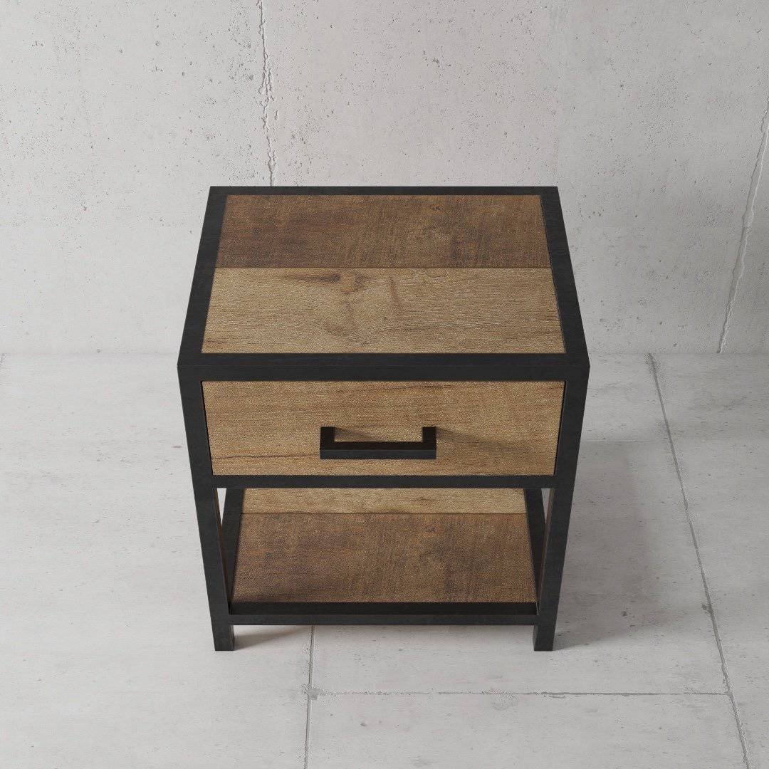 Urban Woodcraft Opus 24 Bed Side Table - MultiColoured Teak (2) Opus Bedside End Table with a drawer and lower shelf, featuring a black frame and light brown surfaces, set against a plain light gray background.
