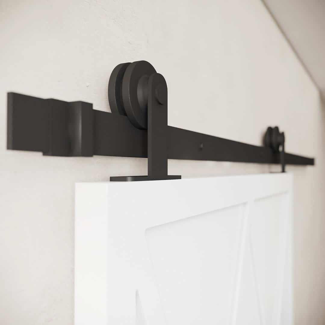 LYNX WHITE (4) Close-up of the Lynx Barn Door featuring a black metal sliding track and rollers mounted on a wall, holding a white door.