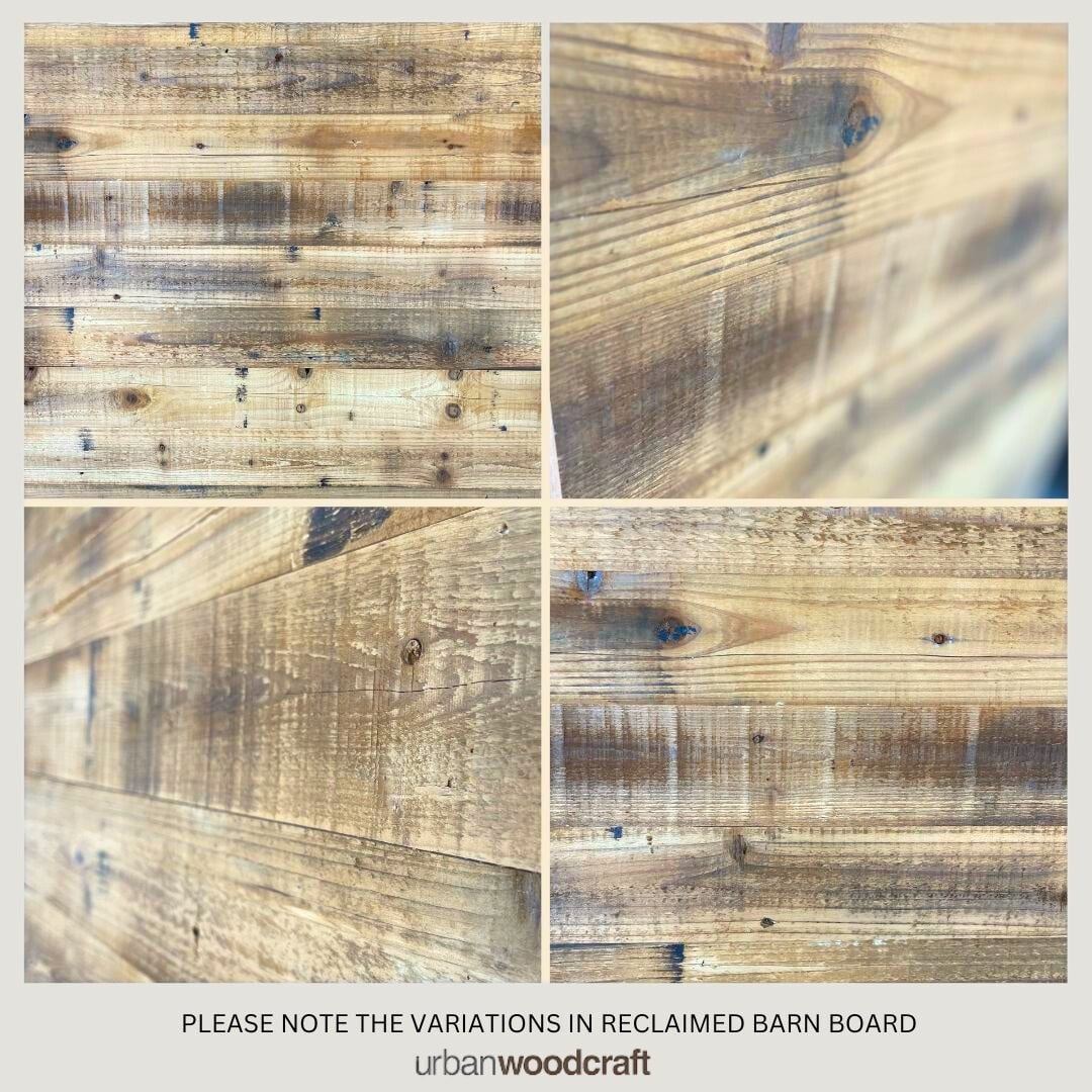 reclaimed wood (1) Close-up images of the 1-Panel, Reclaimed Wood Barn Door (83" x 40") showcasing diverse grain patterns and textures. Note indicating the natural variations in the wood. Text at the bottom: "urban woodcraft.