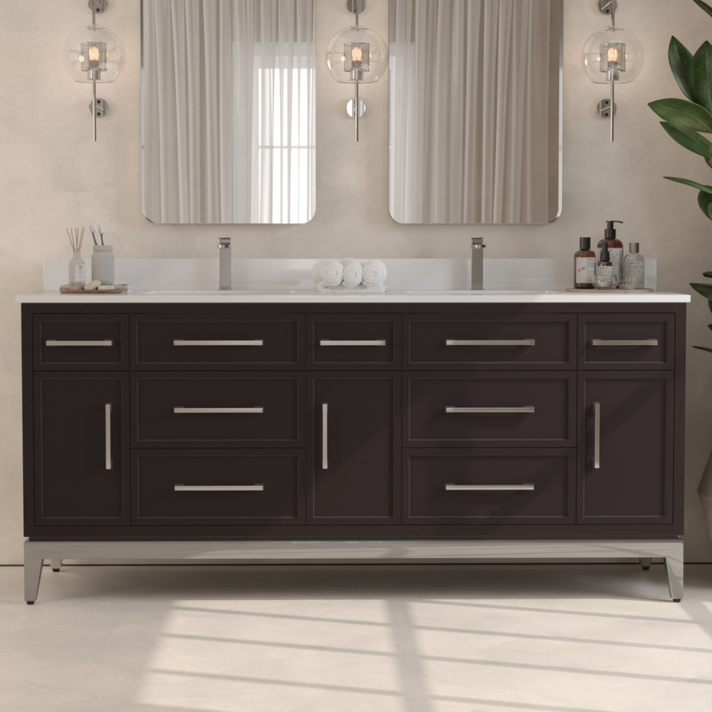 A modern bathroom vanity with a double sink, dark wood cabinetry, two mirrors, and wall-mounted light fixtures. Toiletries are arranged neatly on the countertop.