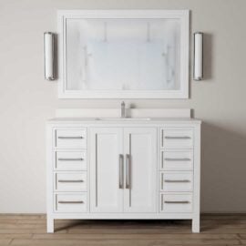 The Acadian 48" Single Bathroom Vanity features a modern design with drawers on both sides, a central cabinet, and a large mirror above flanked by two vertical light fixtures.