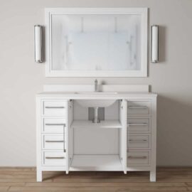 The Acadian 48" Single Bathroom Vanity features a white countertop, sink, mirror, and two wall-mounted lights. The cabinet doors are open, showcasing the plumbing beneath the sink.