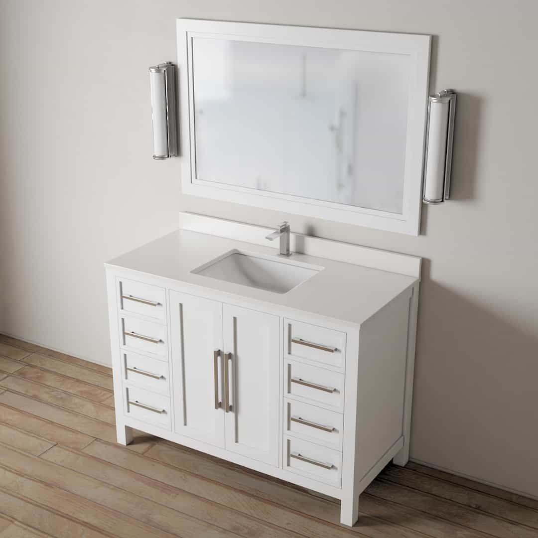 The Acadian 48" Single Bathroom Vanity in white features a rectangular sink with multiple drawers for storage and is complemented by a large mirror above it. The vanity is set against an elegant wooden floor.