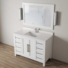 The Acadian 48" Single Bathroom Vanity in white features a rectangular sink with multiple drawers for storage and is complemented by a large mirror above it. The vanity is set against an elegant wooden floor.