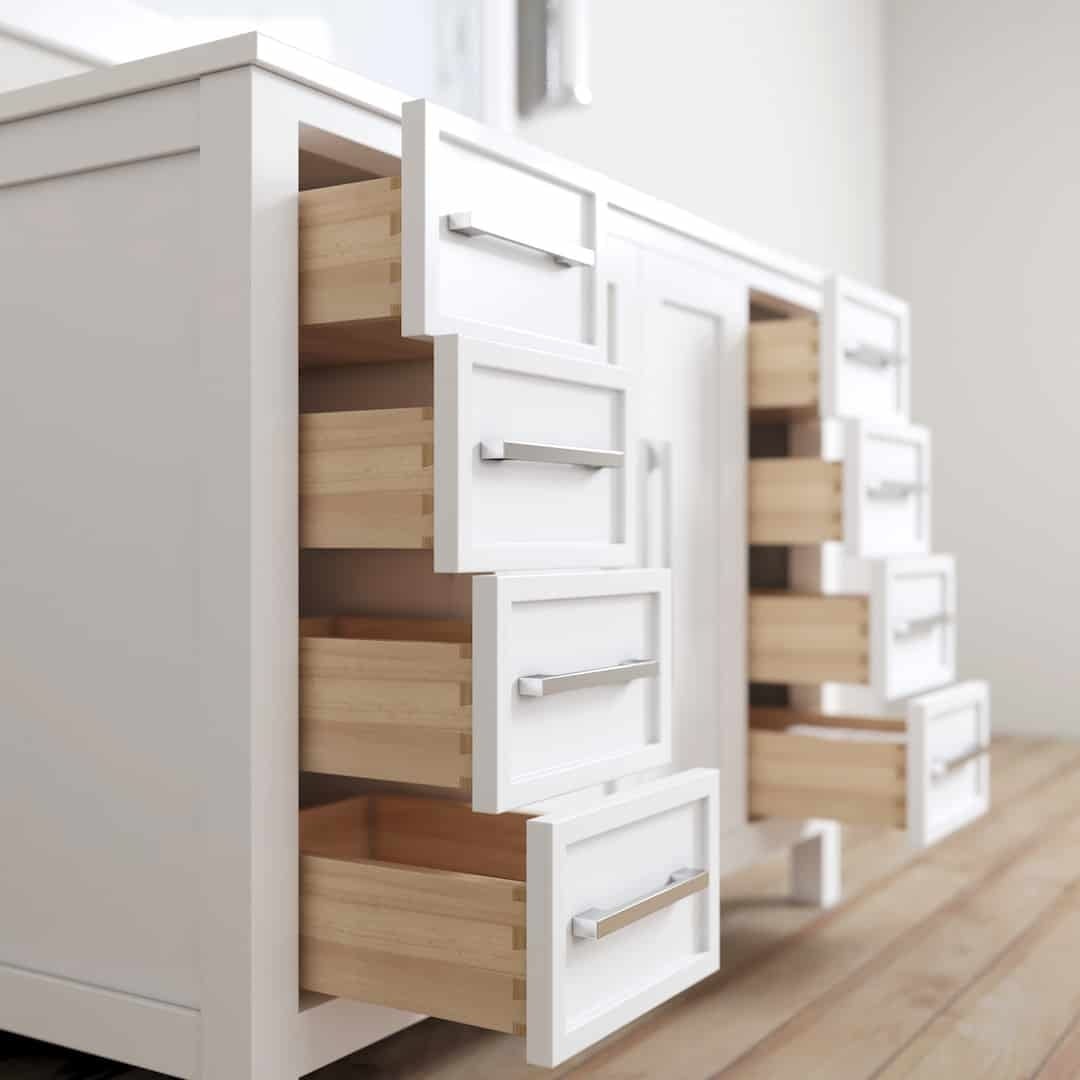 Urban Woodcraft Acadian 48in Single Bathroom Vanity White 4 Acadian 48" Single Bathroom Vanity with four drawers partially open, revealing light wood interiors, placed on a wooden floor.