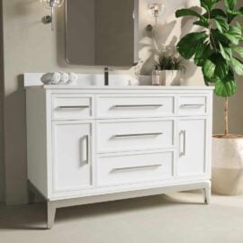 A Barrington 48" Single Sink Bathroom Vanity with a rectangular mirror, minimalist decor, and a potted plant to the side.