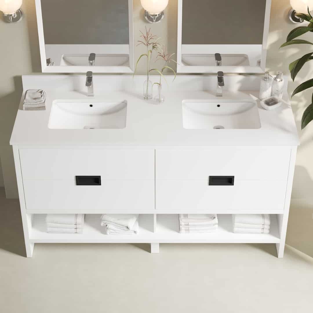 Urban Woodcraft Delamere 63in Double Bathroom Vanity White 3 The Delamere 63" Single Sink Bathroom Vanity, featuring a white finish with silver faucets, two mirrors, and storage compartments holding neatly folded white towels, is elegantly placed in a well-lit bathroom.