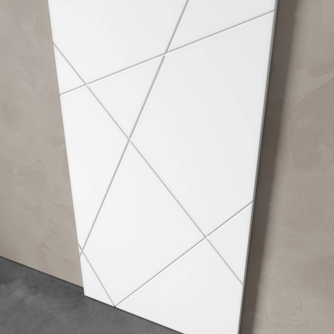 Urban Woodcraft Klaus 40in Geometric Barn Door White 3 A white rectangular wall panel, specifically the Klaus White Barn Door (83" x 40") featuring diagonal line patterns, is mounted on a light gray textured wall. The floor below contrasts with a darker shade of gray.