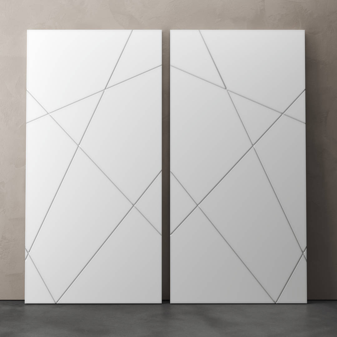 Urban Woodcraft Klaus 40in Geometric Barn Door White 4 Two Klaus White Barn Doors, each measuring 83 inches by 40 inches, featuring intersecting diagonal lines, are displayed side by side against a plain, light grey wall.