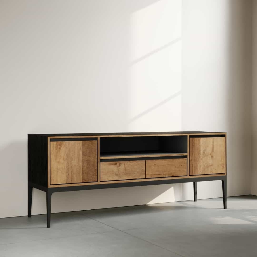 60 KOLT WIDE TV STAND - 2 Against a minimalist beige wall with a window casting a shadow, stands the Kolt 60" Wide TV Stand. This modern sideboard features two wooden cabinets and open shelving, accentuated by its black frame and slim legs.