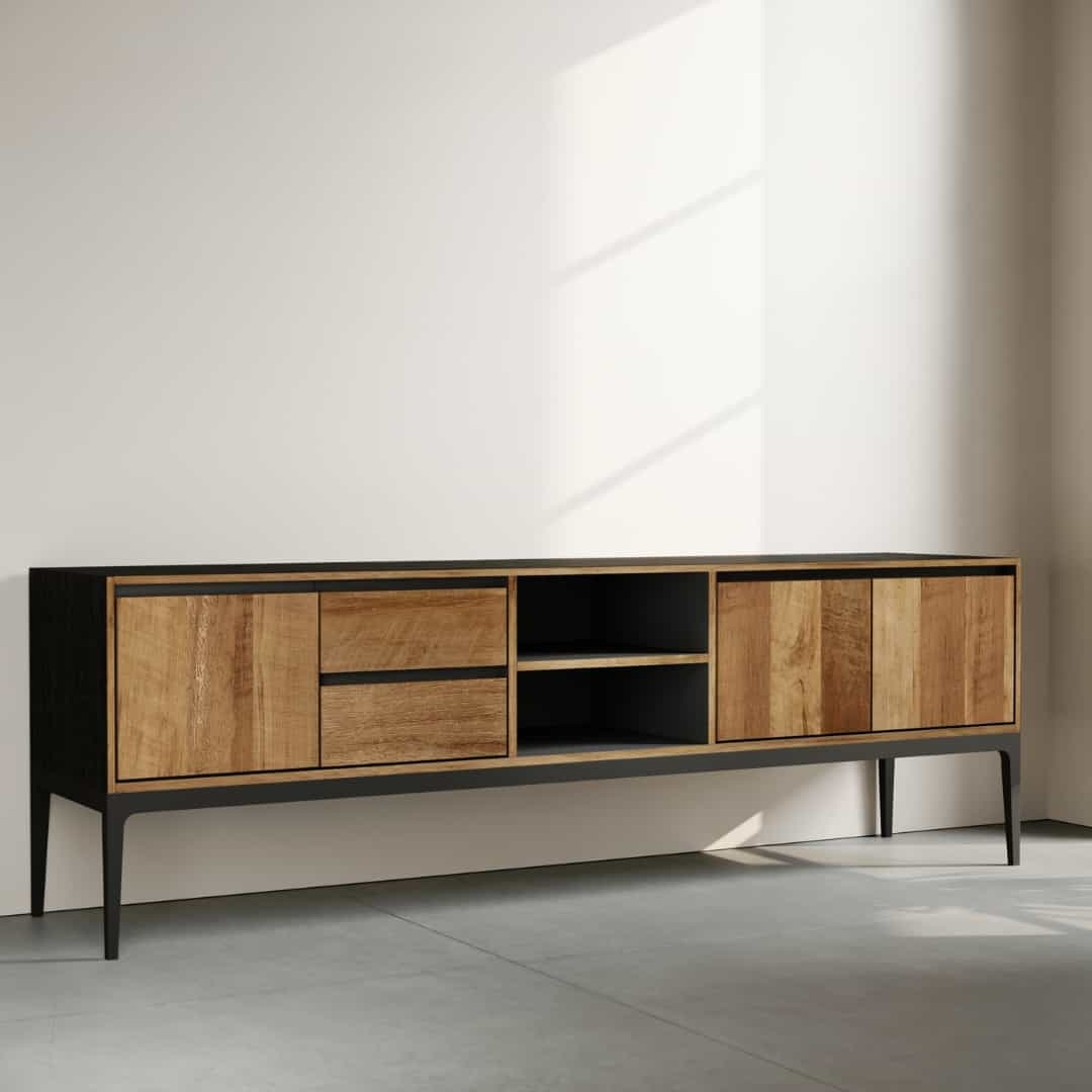 68 KOLT 2 SHELF TV STAND - 2 Against a light wall with sunlight casting shadows through a window stands the Kolt 68" 2 Shelf TV Stand, featuring a low, modern design with a dark frame and wooden doors.