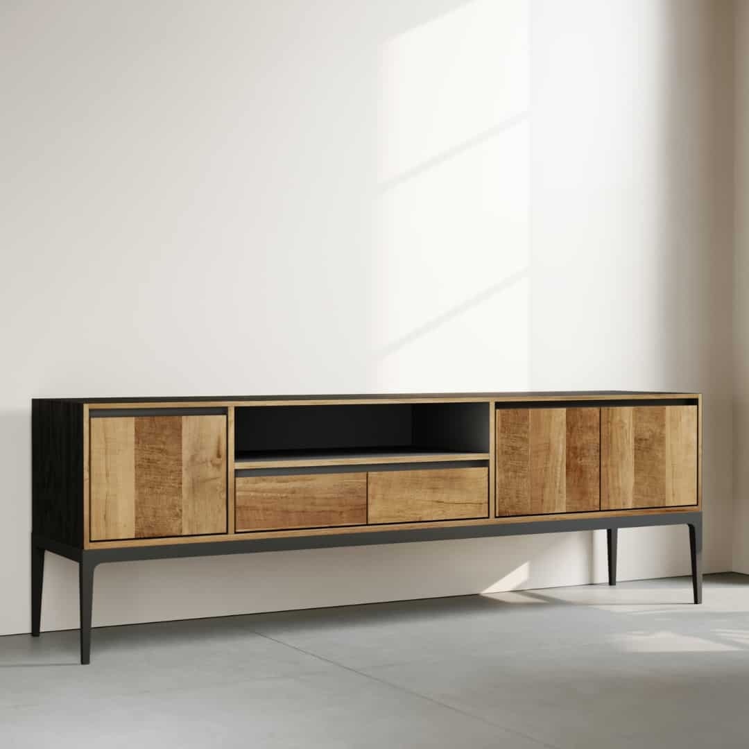 68 KOLT WIDE TV STAND - 2 The Kolt 60" Wide TV Stand stands against a plain light-colored wall, showcasing its modern design with four doors, two central drawers, and an open shelf.