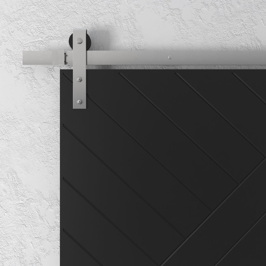 83x48 Custom Arctic Arrow Espresso Barn Door (Image 3) Close-up of a Custom 83" x 48" Arctic Arrow Espresso Barn Door, featuring black diagonal panels and a metallic rail system, mounted on a white textured wall.