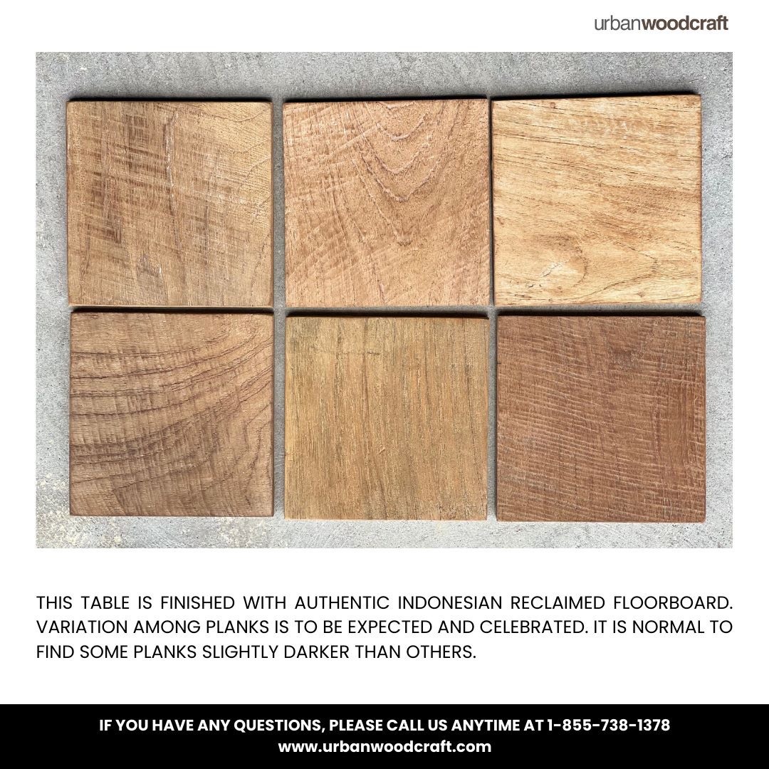 PLANK VARIATION UWC (2) Six wooden planks of varying shades are shown. A caption mentions these planks are made from authentic Indonesian reclaimed floorboard, noting some may be darker due to natural variation. Contact info is provided below for the Beam Dining Table.
