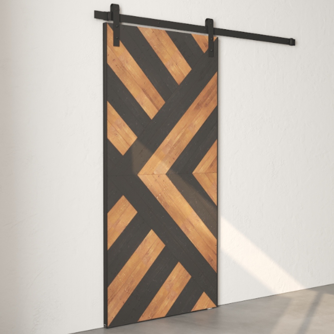 Lumina, Reclaimed Wood Barn Door - Espresso, featuring a geometric design of black and wood-colored panels, mounted on a metal track against a plain white wall.