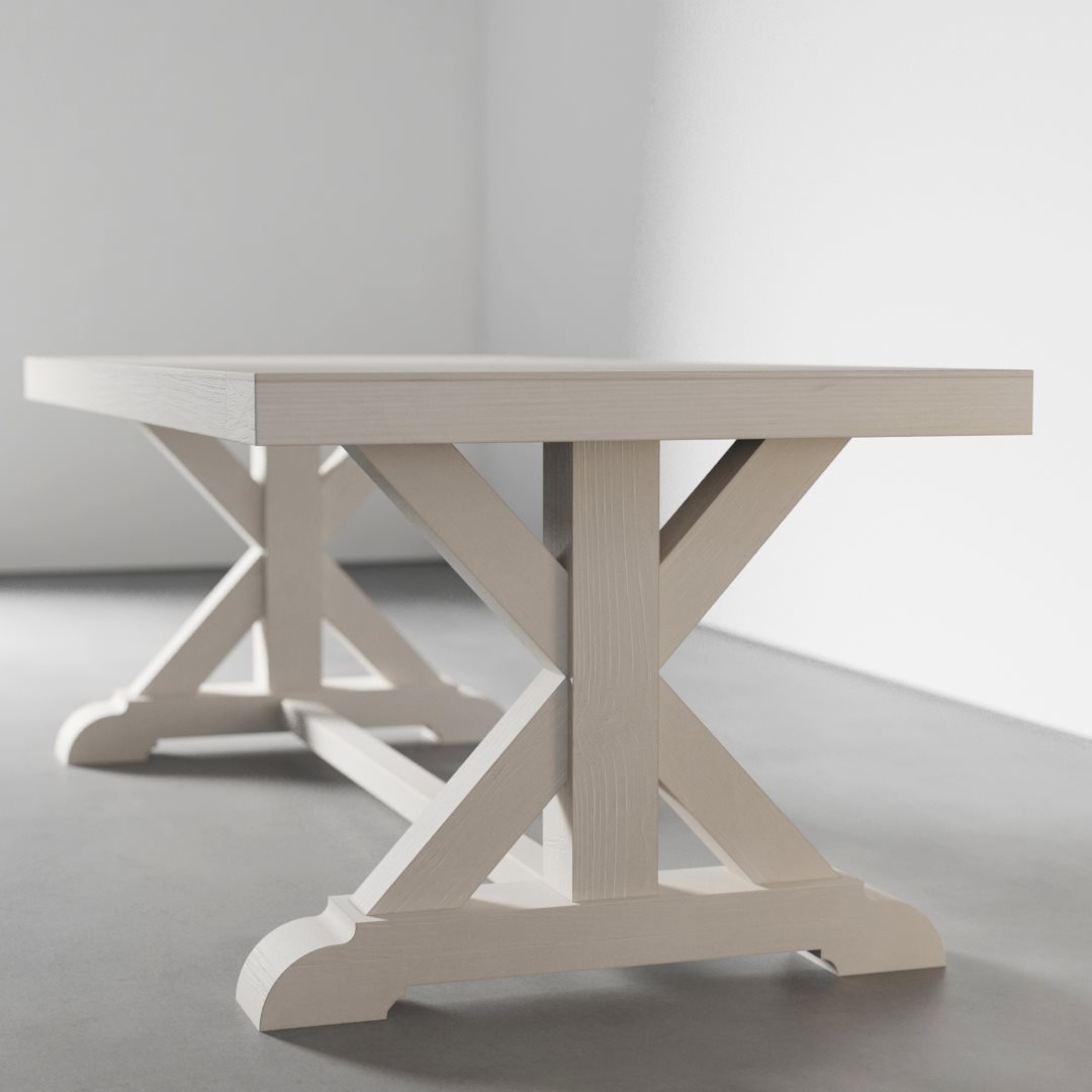 Madera Dining Table (Pure White) - 2 The Madera Dining Table in Pure White, featuring X-shaped legs, stands on a grey floor against a plain white wall.