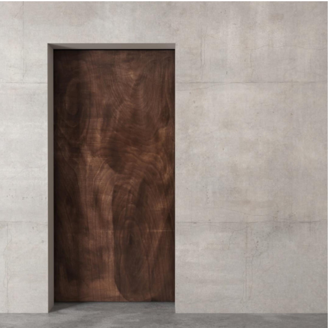 BEVELED RECLAIMED WOOD MIRROR BARN DOOR (Espresso Finish) - 2 A Beveled Mirror, Reclaimed Wood Barn Door - Espresso (83" x 40") set in a concrete wall.