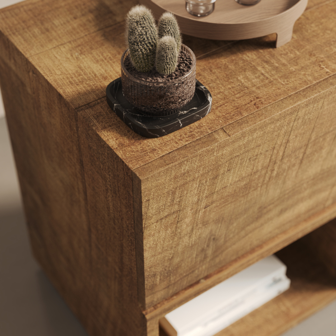 Burma Nightstand - 2 The Burma Nightstand elegantly displays a small potted cactus on a dark coaster, with a tray of items in the background. Its lower shelf houses a book.