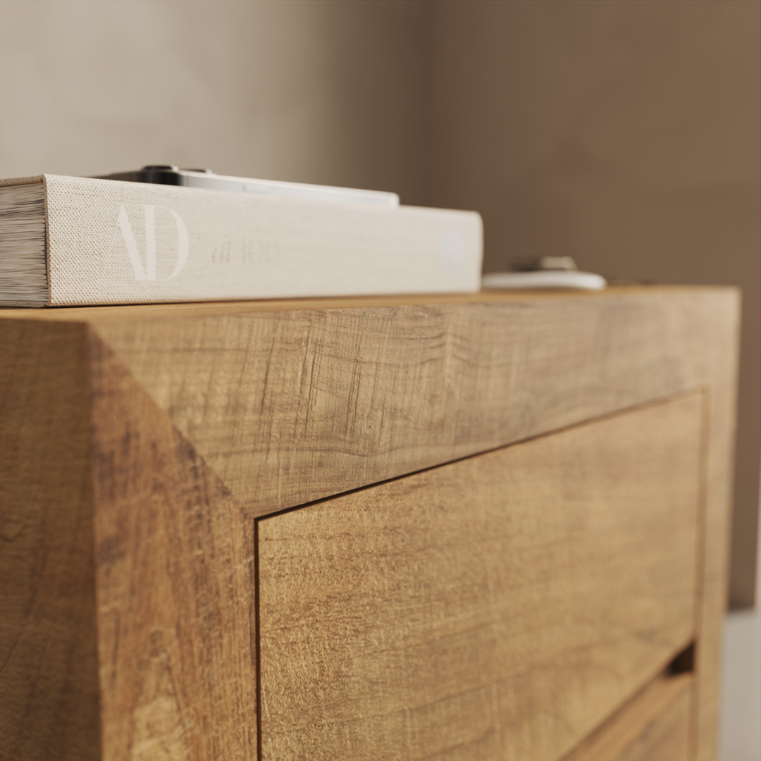 Lugano Nightstand - 2 A close-up of the Lugano Nightstand with a light-colored book and a small object placed on top. The nightstand has a natural wood finish and straight lines, with the bookโs spine displaying an "AD" logo.