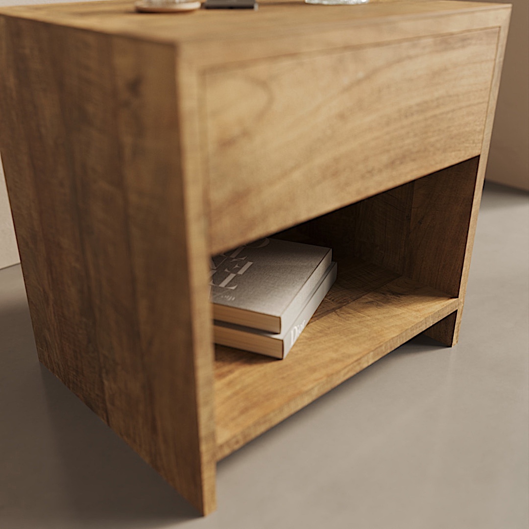 SATILLO NIGHTSTAND doof The Satillo Nightstand, crafted from wood, features an open shelf that neatly holds two books beneath its smooth tabletop.