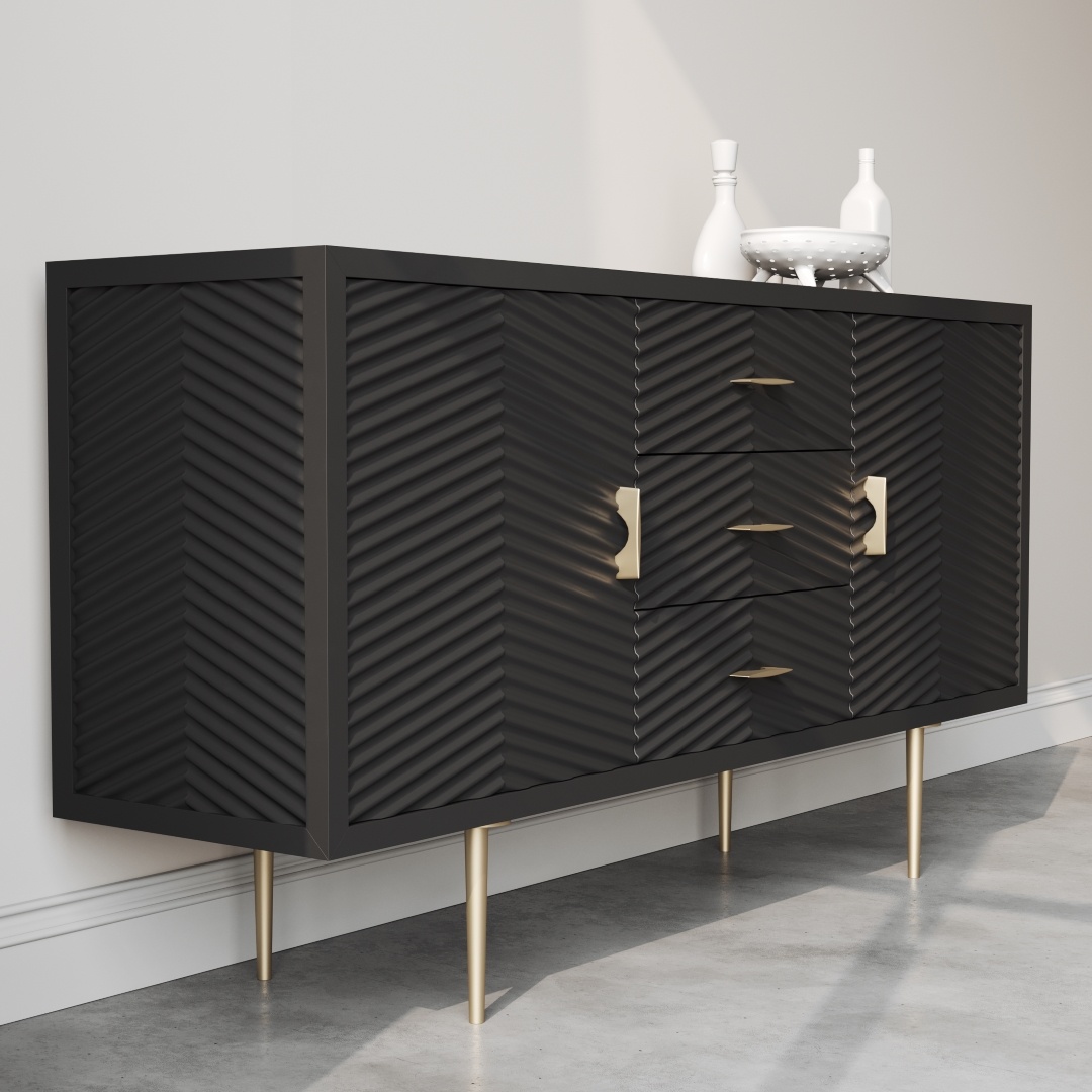 Arista 60 Side Cabinet Black -b The Arista 60" Sideboard (Black) with sleek gold handles and legs stands against a white wall, adorned with two elegant white decorative vases on top.