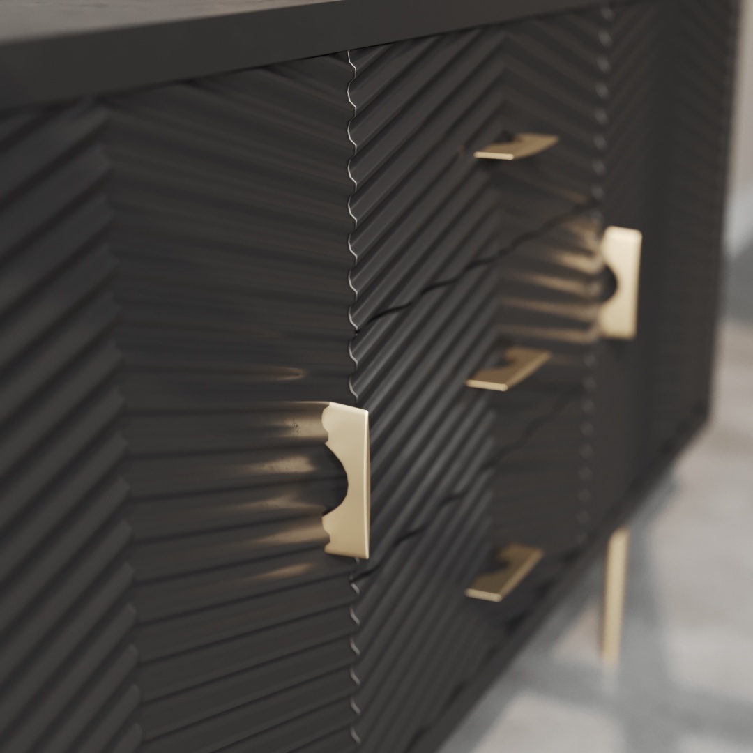 Arista 60 Side Cabinet Black -c Close-up of the Arista 60" Sideboard in Black, featuring diagonal textured grooves and gold handles.