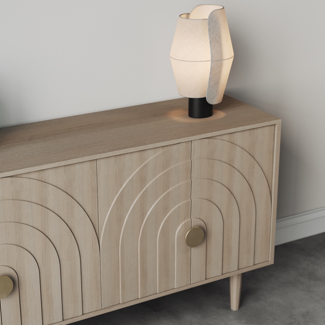 Azul 58 Side Cabinet-e The Azul 58" Sideboard, featuring an arched pattern on the doors and sleek angular legs, is adorned with a modern lampshade that has a black base placed on its right side.