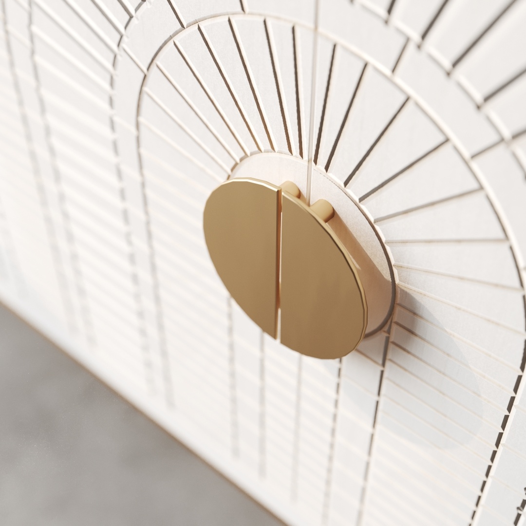 Coral 60 Side Cabinet -e Close-up of the Coral 60" Sideboard, a modern white cabinet featuring geometric designs and a round, gold-colored handle.