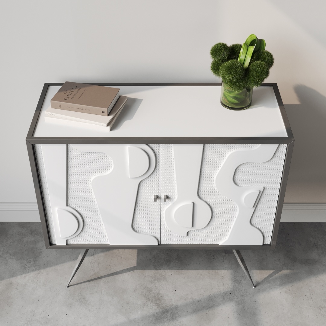 Estrella 60 Cabinet-c The Estrella 40" Sideboard features a modern geometric design, perfectly accommodating three books and a lush green plant in a glass vase on top.