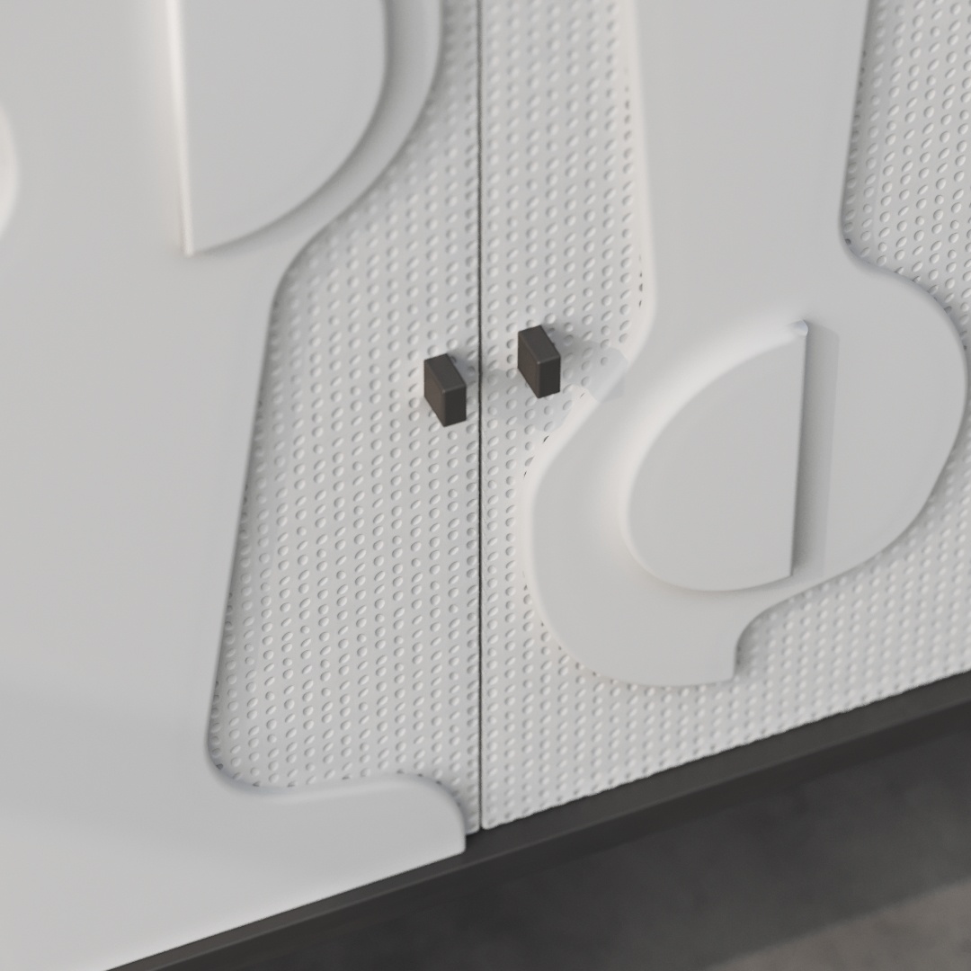 Estrella 60 Cabinet-d Close-up of the Estrella 40" Sideboard's white textured cabinet door, featuring two dark square knobs and abstract raised designs on the surface.