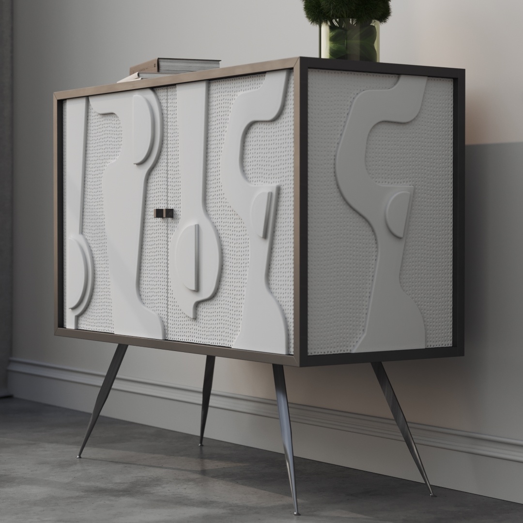 Estrella 60 Cabinet-e The Estrella 40" Sideboard, featuring sculpted white doors, a black frame, and angled legs, is placed against a light-colored wall. A green plant in a glass pot sits elegantly on top of the sideboard.