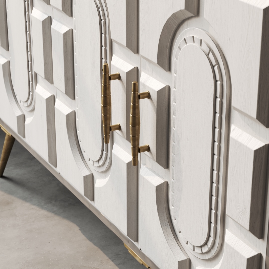 Lugo 60 Side Cabinet-c Close-up of the Lugo 60" Sideboard, featuring decorative geometric patterns and two brass handles, positioned on a concrete floor.