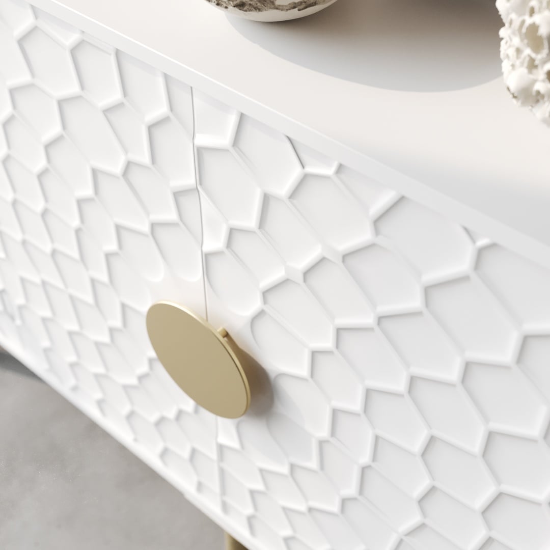 Luna 60 Side Cabinet-c Luna 60" Sideboard featuring a white finish with a honeycomb-patterned surface and round, gold-colored knobs.